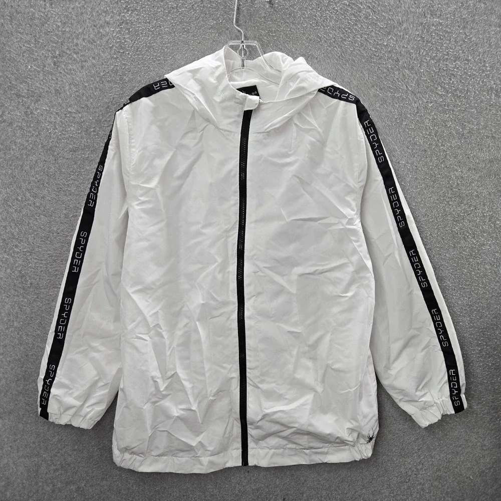 Spyder Men Jacket Large White Windbreaker Hooded‎ Logo Polyester Long Sleeve